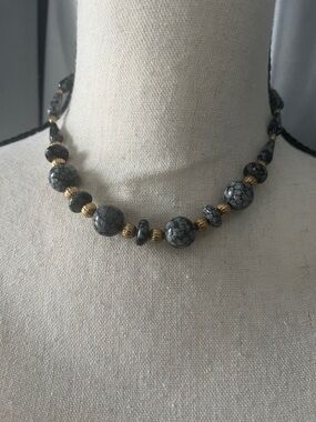 Gray Marbled Bead Necklace with Gold Accents - Women Jewelry
